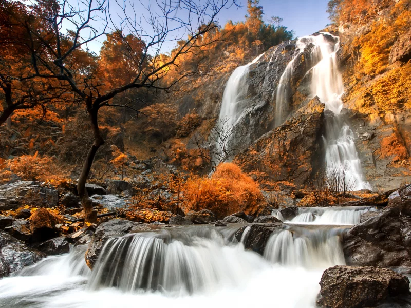 скалы, водопад, осень, поток, лес