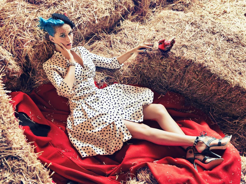 Katy Perry, Девушка, Певица, Позирует, Взгляд, Платье, Ножки, Туфли, Перчатки, Сено