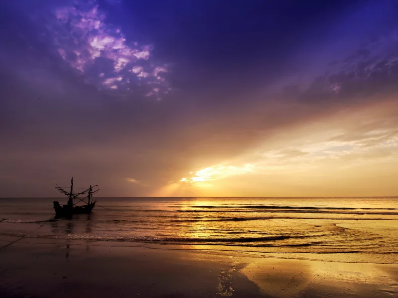 закат, море, пейзаж, лодка