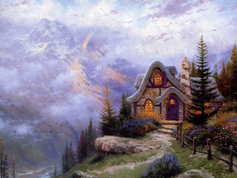 каменный, коттедж, thomas kinkade, дом, живопись, sweetheart cottage iii