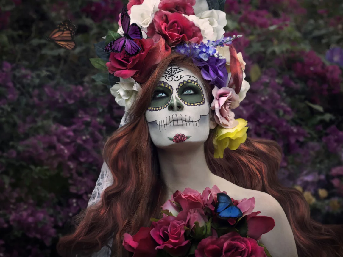 раскрас, девушка, dia de los muertos, день мёртвых, цветы, лицо
