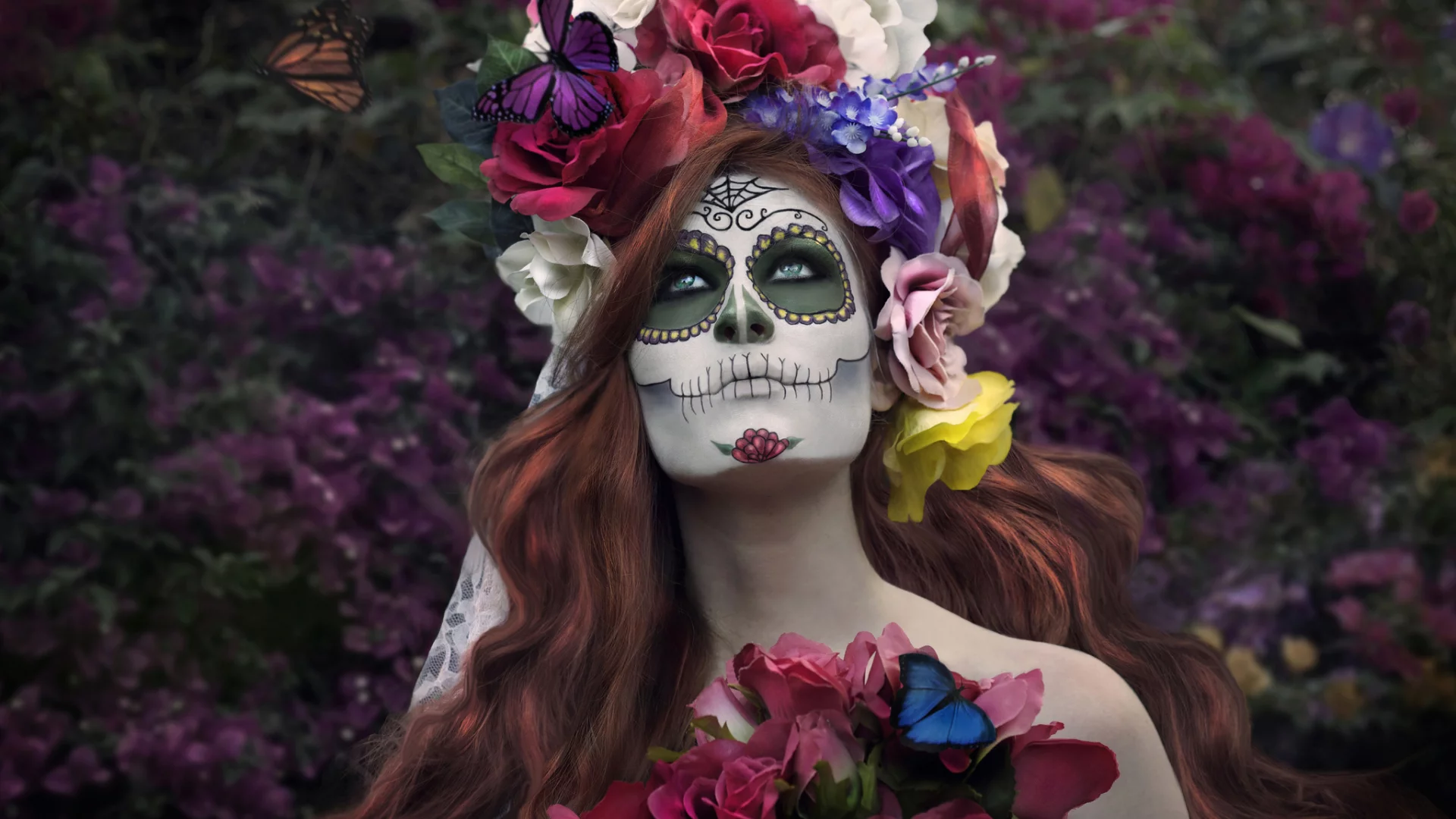 раскрас, девушка, dia de los muertos, день мёртвых, цветы, лицо
