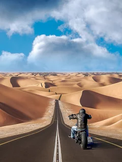 Небо, облака, дорога, трасса, дюны, песок, байкер.