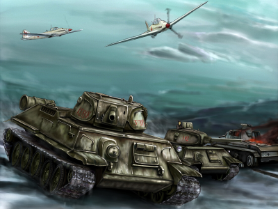 танки, ил-2, наступление, арт, т-34-76, бой, самолёты, война