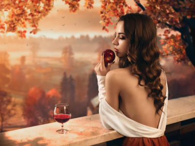 осень, балкон, девушка, бокал, вино, грусть