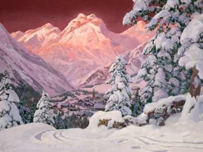 alois arnegger. зима, горы, альпы, розовый, закат, елка, снег