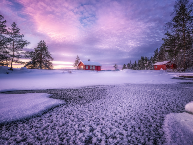 Зима, снег, река, домик, Норвегия.