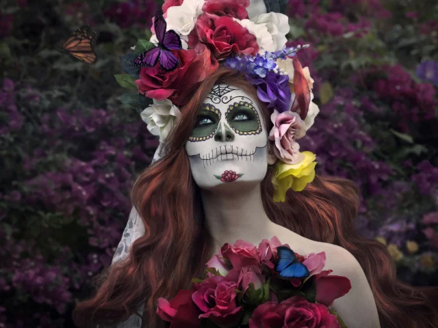 раскрас, девушка, dia de los muertos, день мёртвых, цветы, лицо