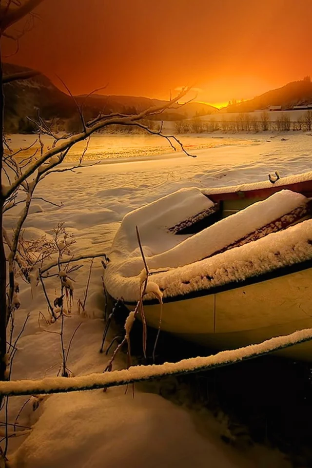 природа, пейзаж, небо, закат, деревья, горы, река, лодка