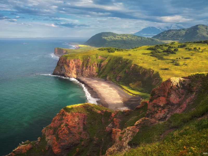 море, берег, волны, прибой, пляж, панорама, горы