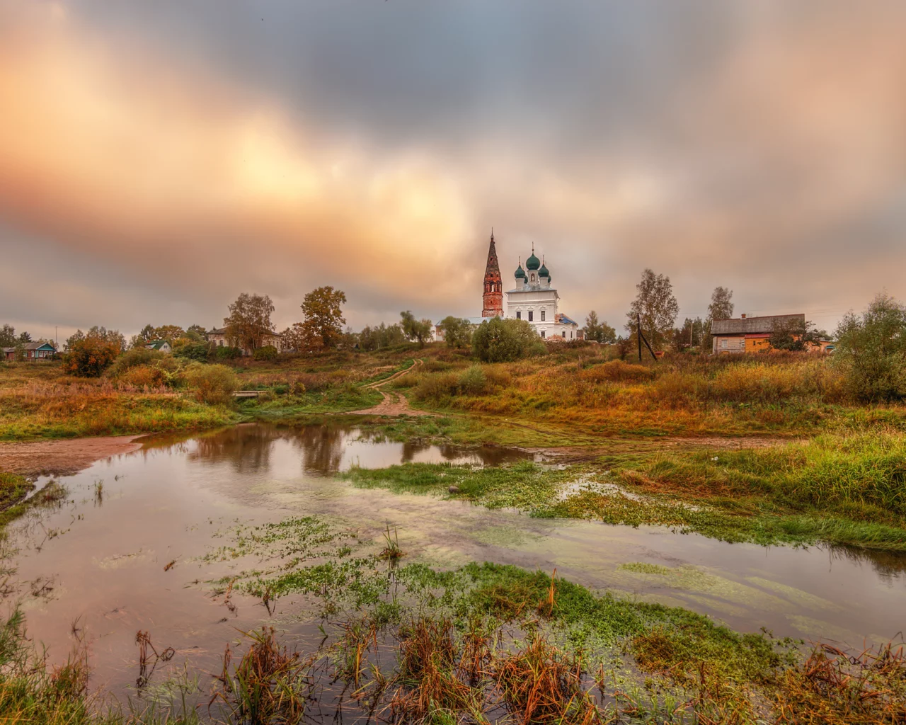 осень, сентябрь, утро, тучи, село, церковь