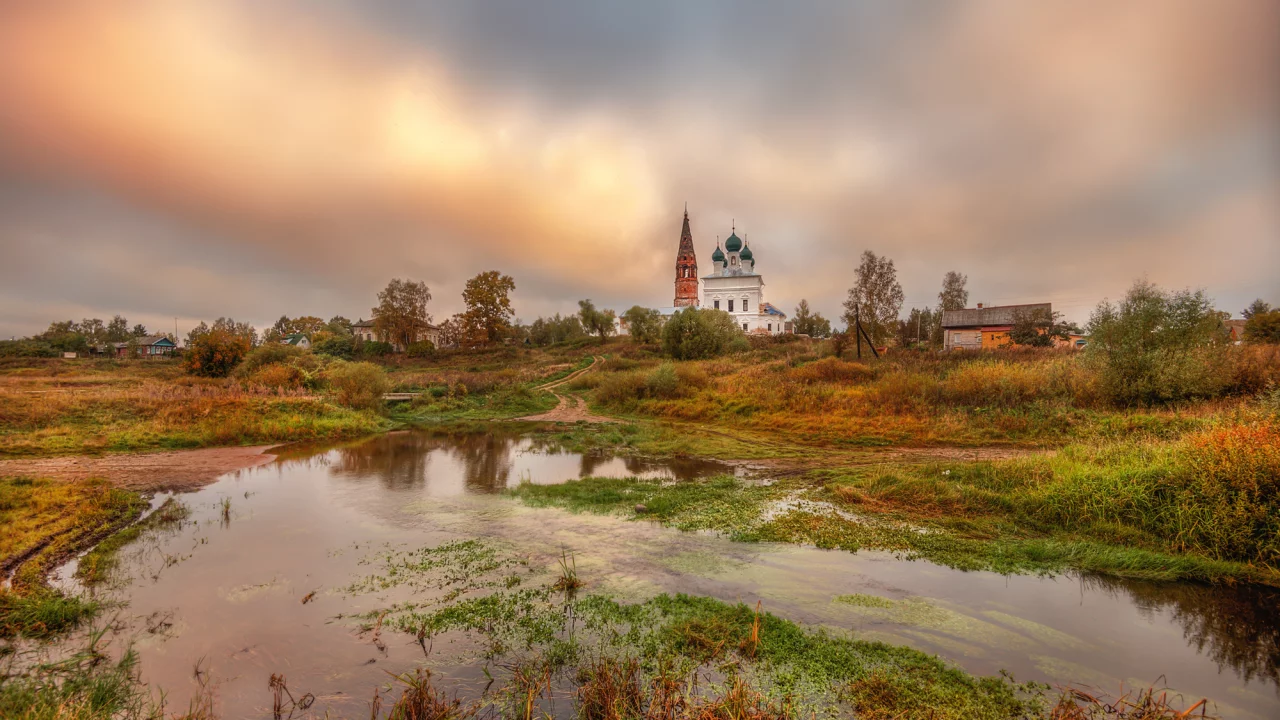 осень, сентябрь, утро, тучи, село, церковь