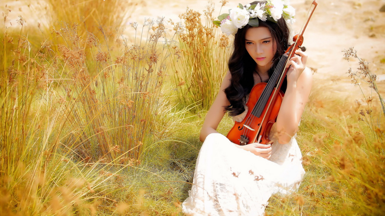 азиатка, лето, девушка, скрипка, музыка