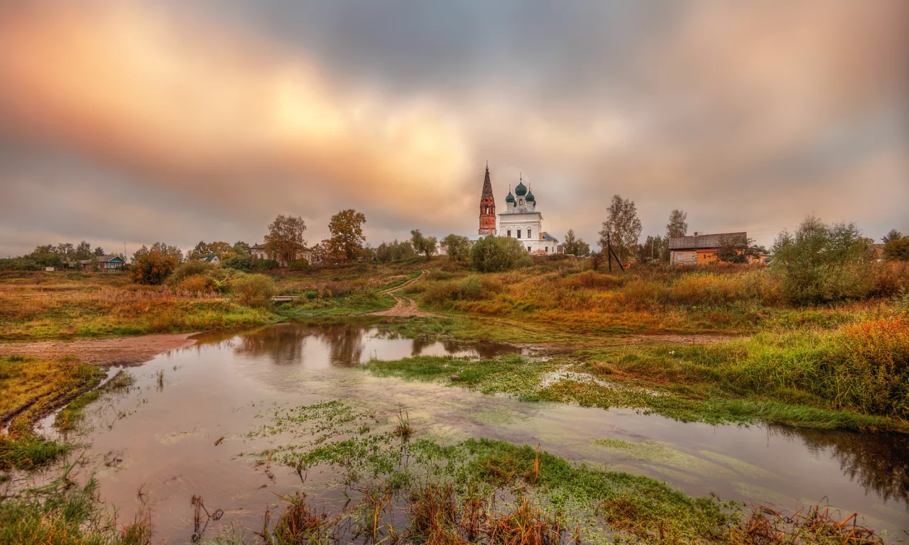 осень, сентябрь, утро, тучи, село, церковь