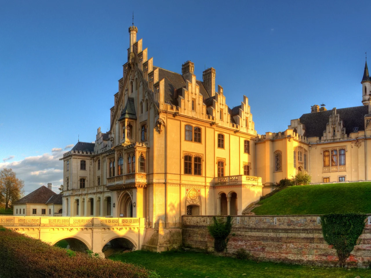 Графенегг, Австрия, дворец, замок, деревья, небо, мост, Grafenegg, Austria, palace, castle
