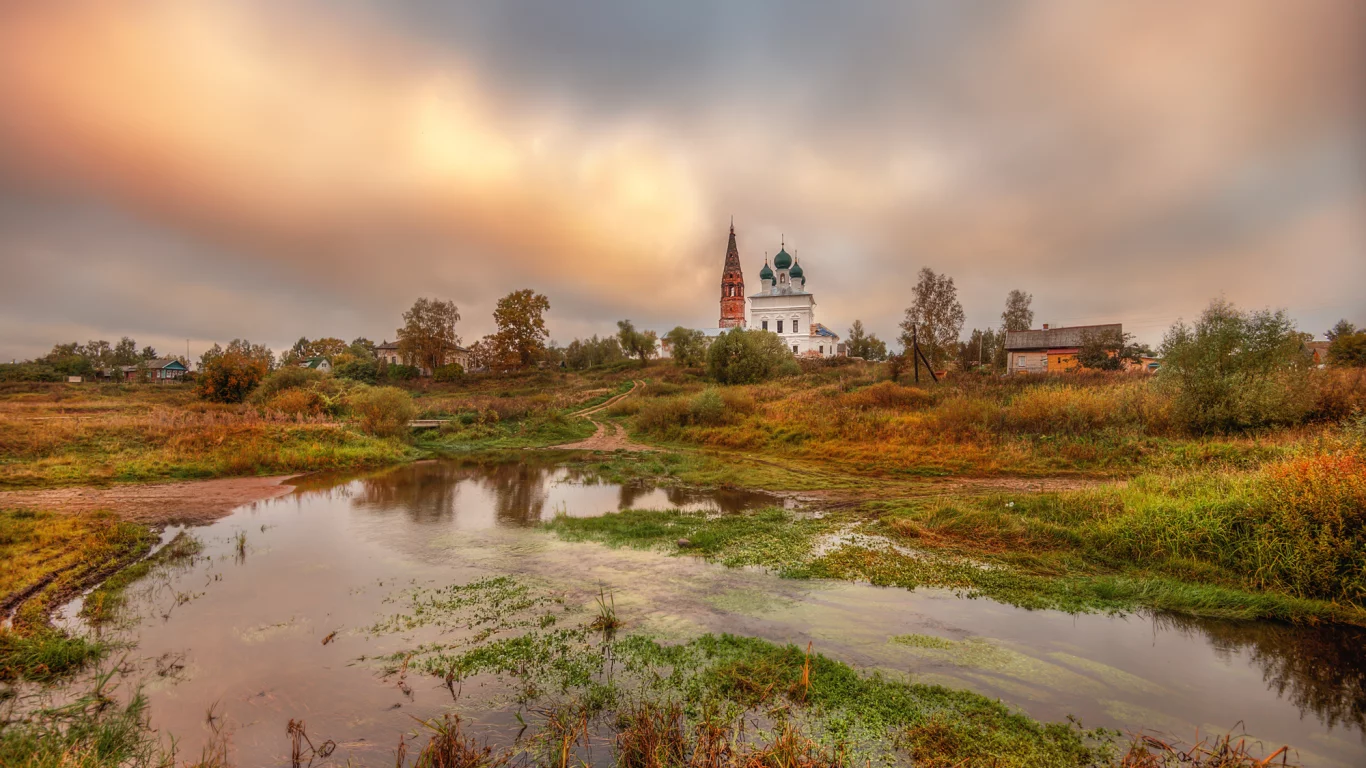 осень, сентябрь, утро, тучи, село, церковь
