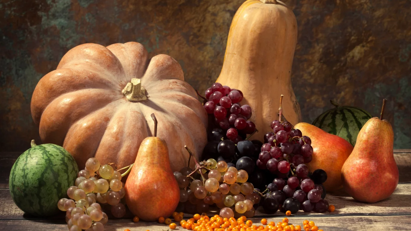 autumn, harvest, still life, fruits, leaves, pumpkin, nuts, осень, дистья, урожай, тыква