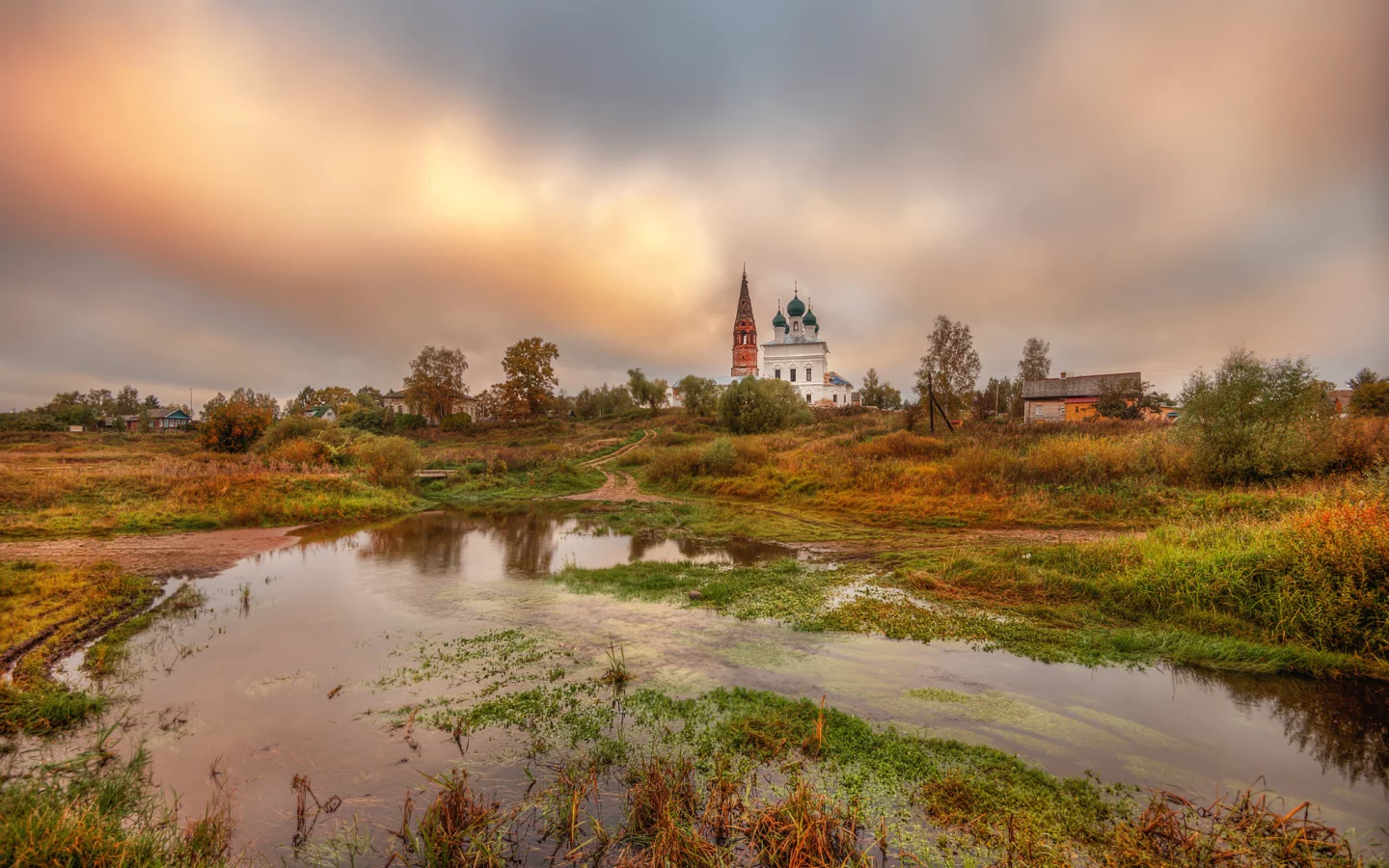 осень, сентябрь, утро, тучи, село, церковь