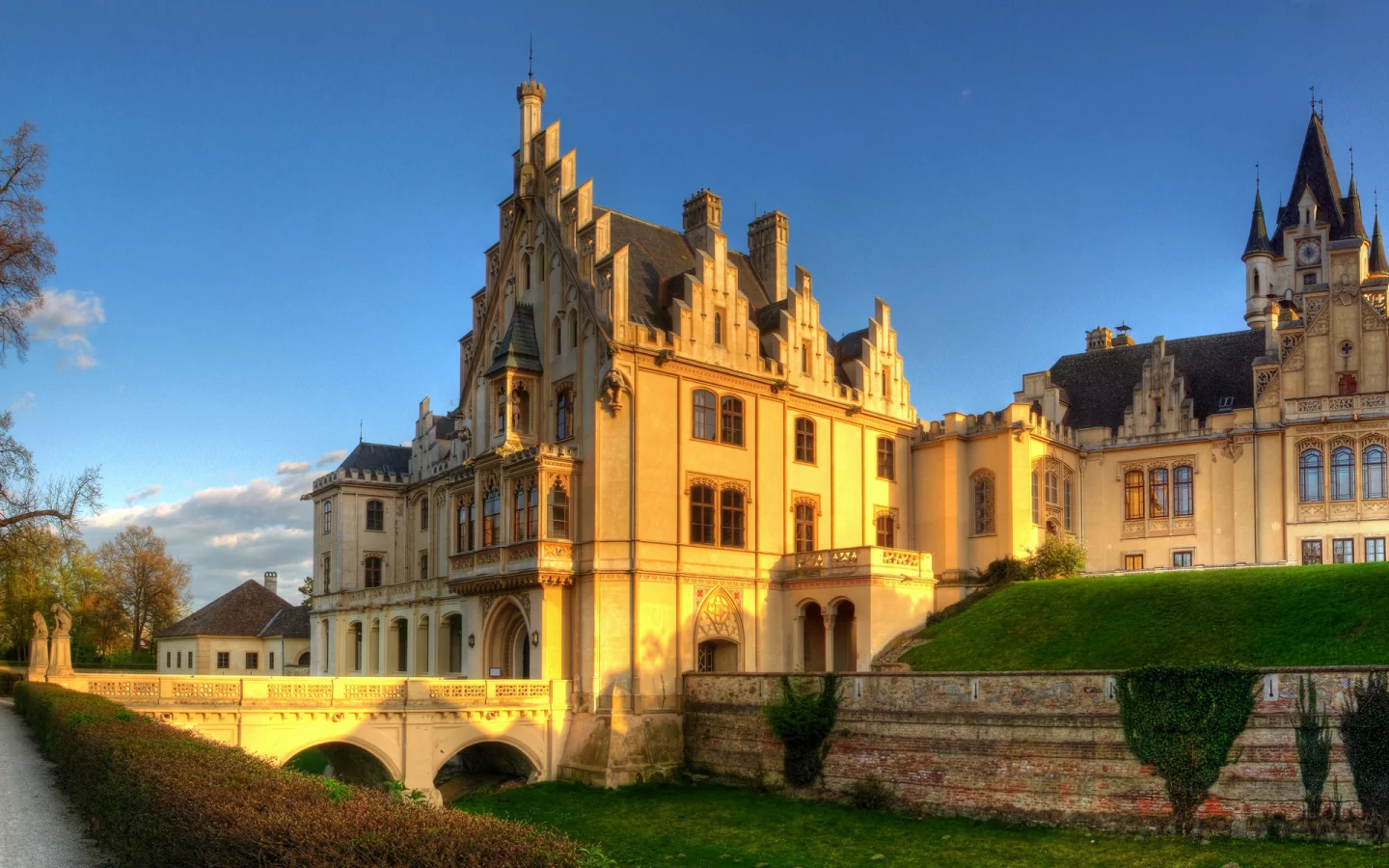 Графенегг, Австрия, дворец, замок, деревья, небо, мост, Grafenegg, Austria, palace, castle