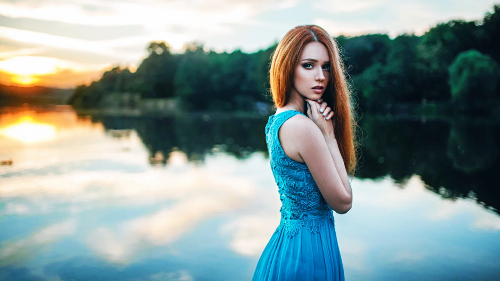 девушка, платье, закат