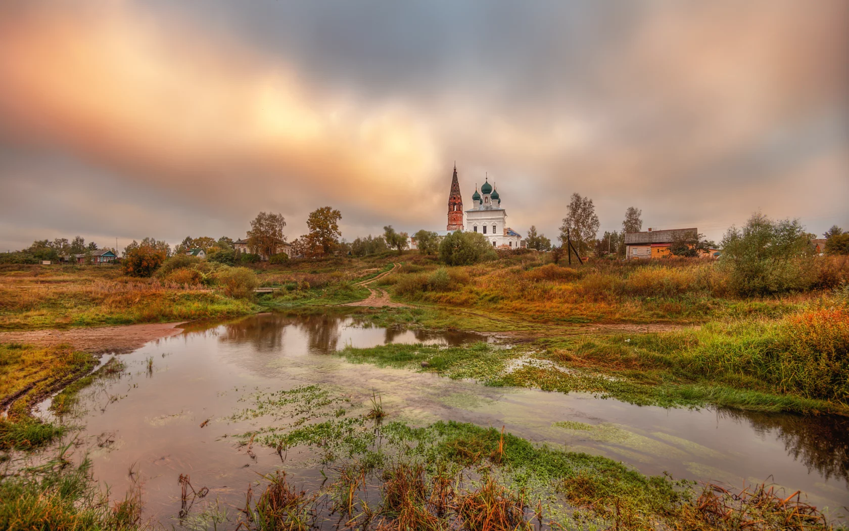 осень, сентябрь, утро, тучи, село, церковь