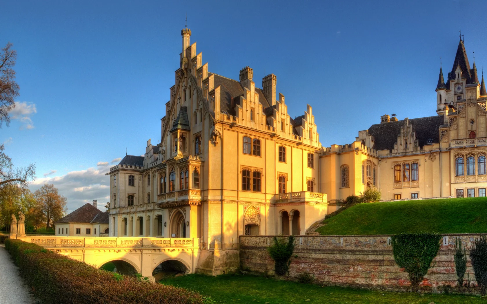 Графенегг, Австрия, дворец, замок, деревья, небо, мост, Grafenegg, Austria, palace, castle