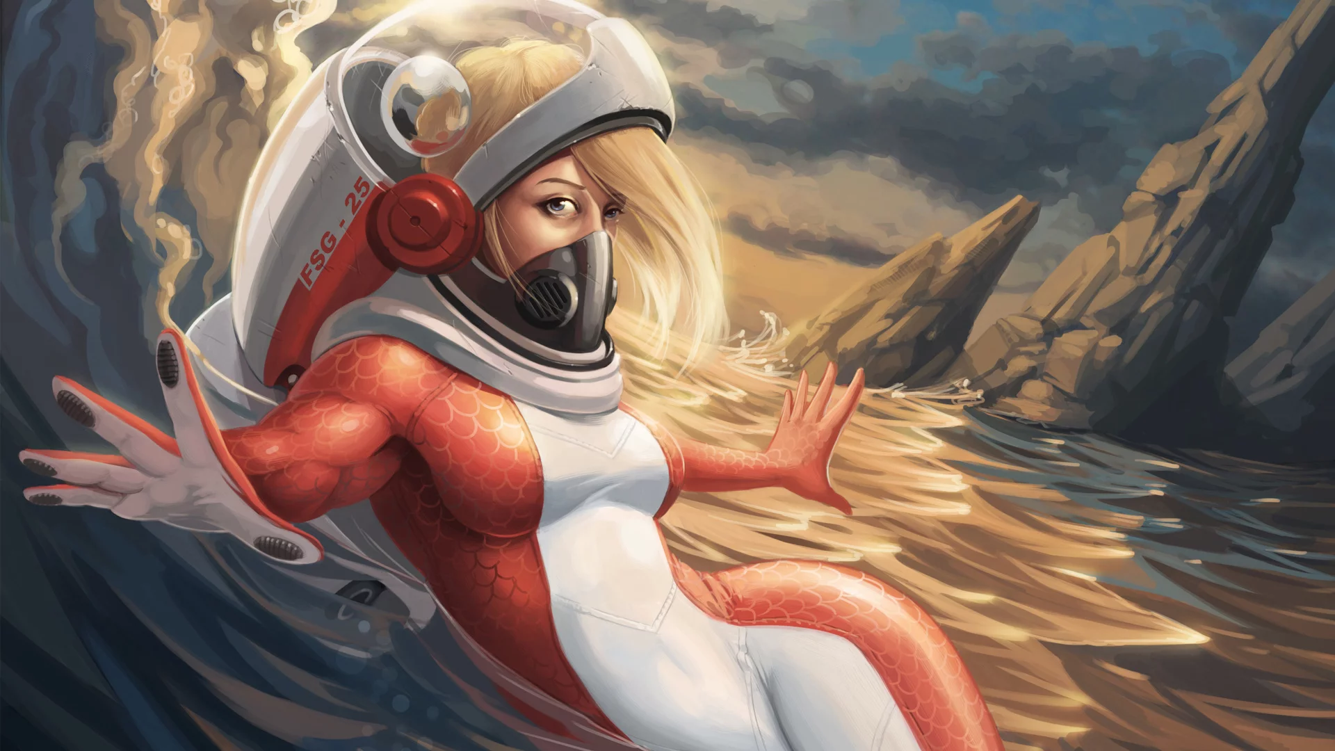 костюм, будущее, акваланг, море, девушка, арт, волна