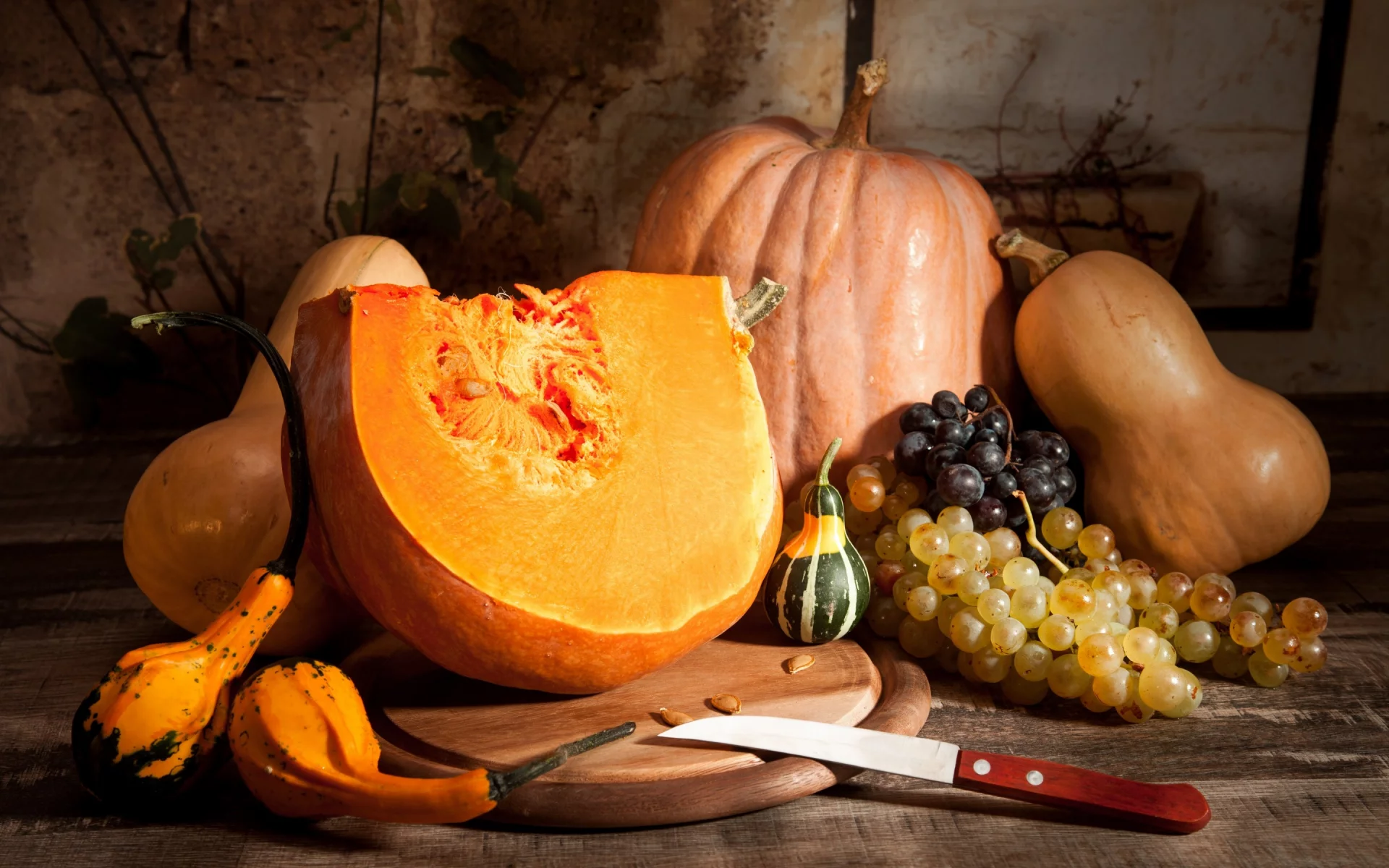 autumn, harvest, still life, fruits, pumpkin, осень, листья, урожай, тыква, виноград