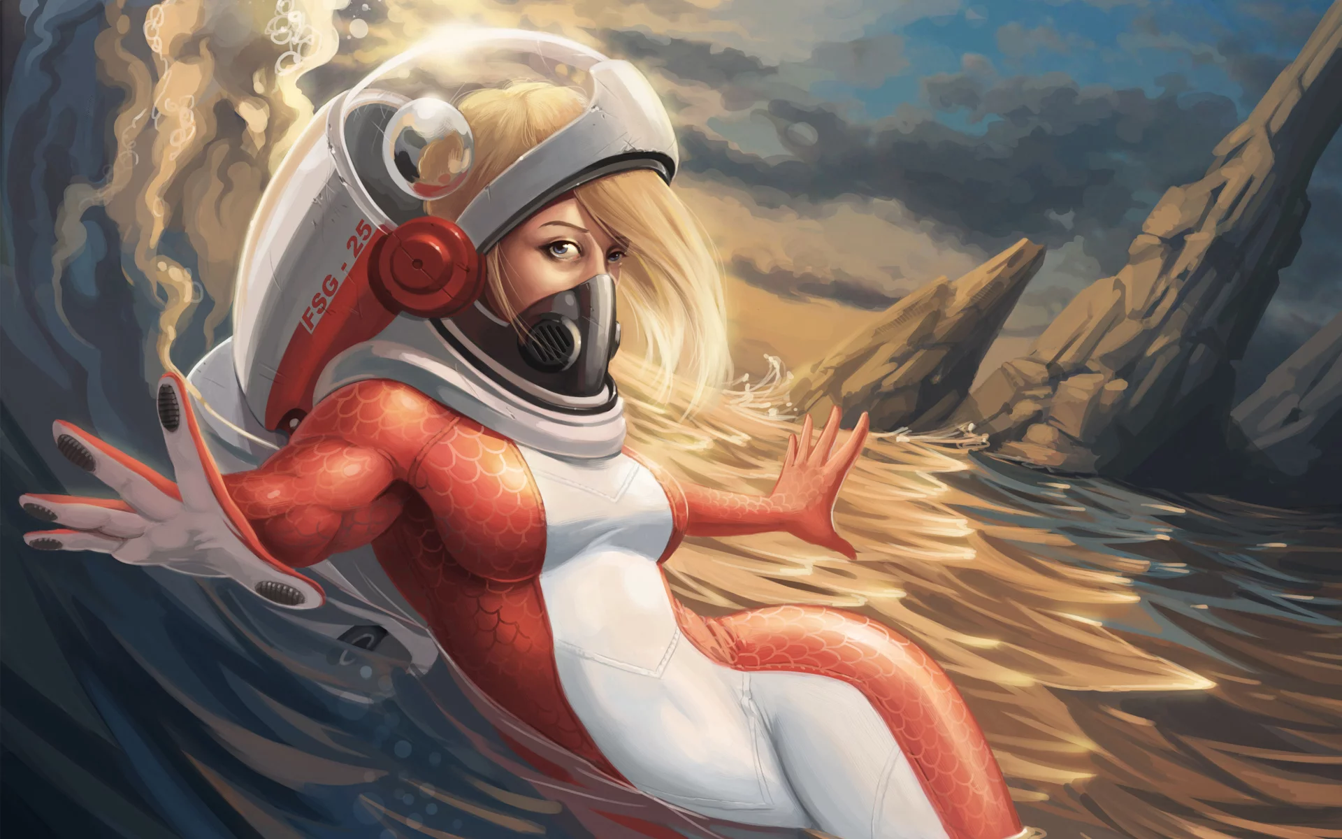 костюм, будущее, акваланг, море, девушка, арт, волна