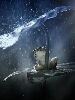 брызги, дождь, лягушка, лист