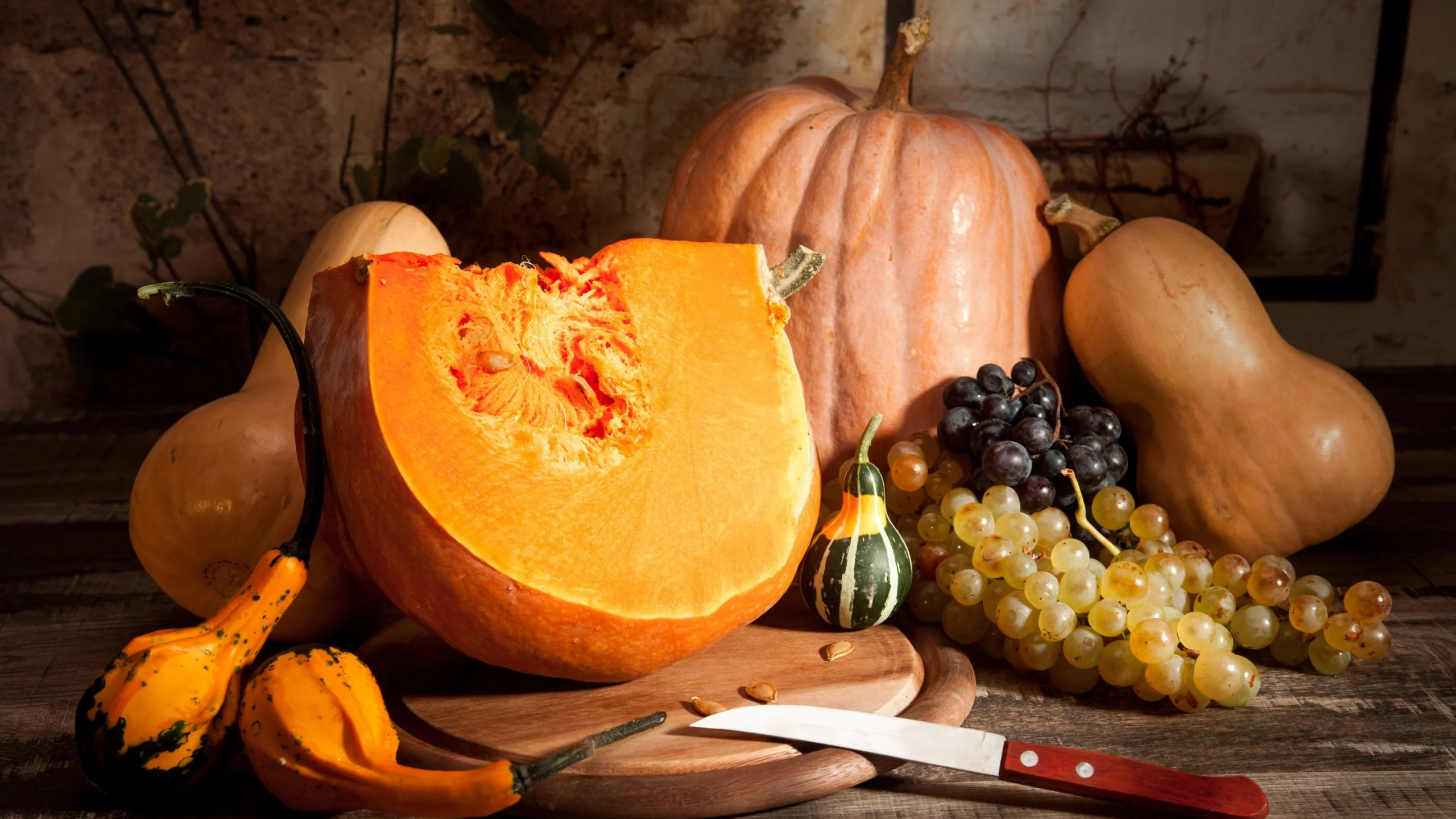 autumn, harvest, still life, fruits, pumpkin, осень, листья, урожай, тыква, виноград