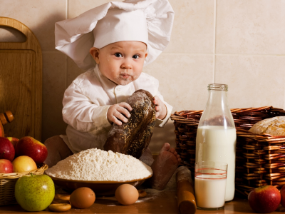 boy, vegetables, baby, milk, bread, cap, babe, eggs, cook, apples, flour, fruits, kitchen