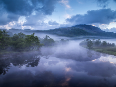 Afon Glaslyn, Wales, England, Река Гласлин, Уэльс, Англия, река, горы, холмы, туман, утро