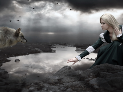 dark, photomanipulation, wolf, lake, girl