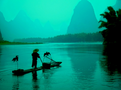 Китай, лодка, горы, рыбак