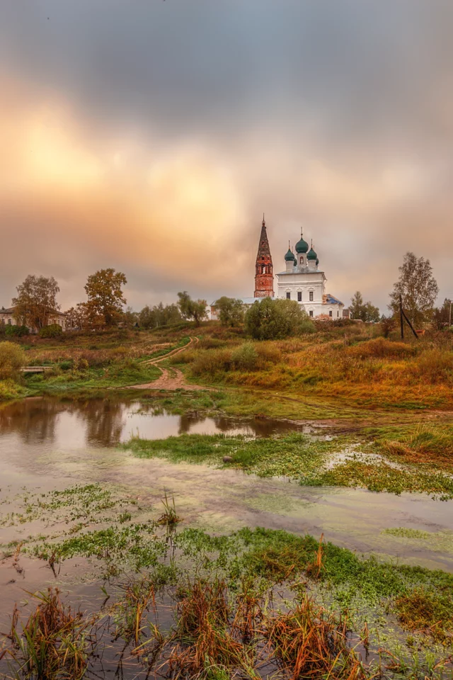 осень, сентябрь, утро, тучи, село, церковь