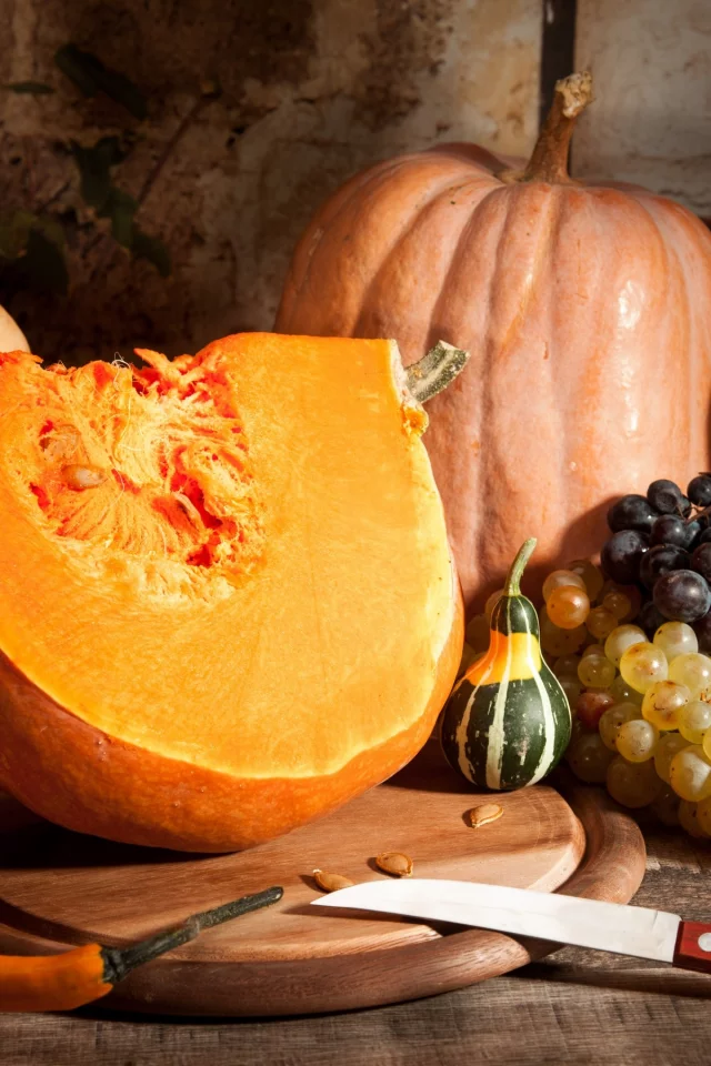 autumn, harvest, still life, fruits, pumpkin, осень, листья, урожай, тыква, виноград