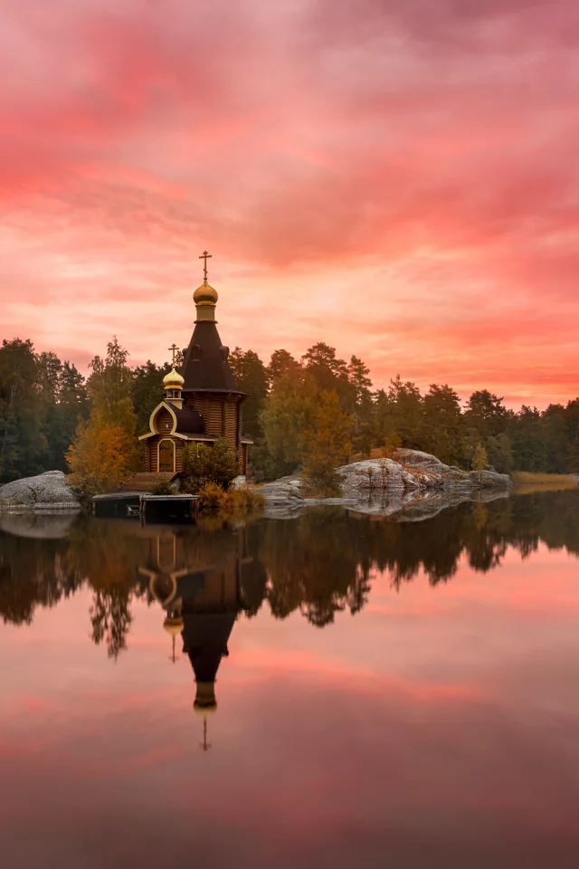 вуокса, осень, храм, вечер, заря, закат, красный