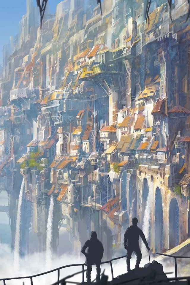minseub jung, город, арт, мост, дома, гигантский, водопады