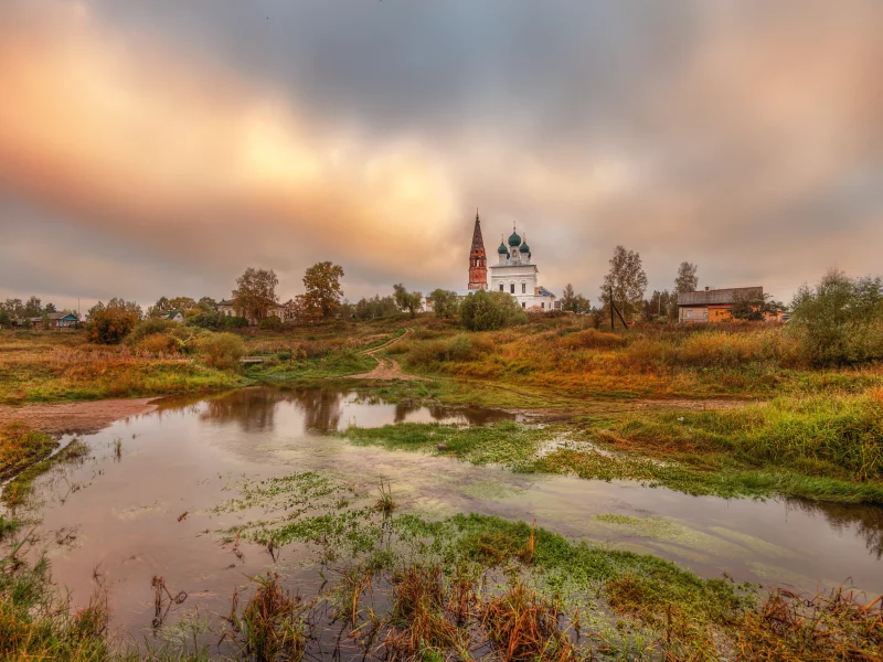 осень, сентябрь, утро, тучи, село, церковь