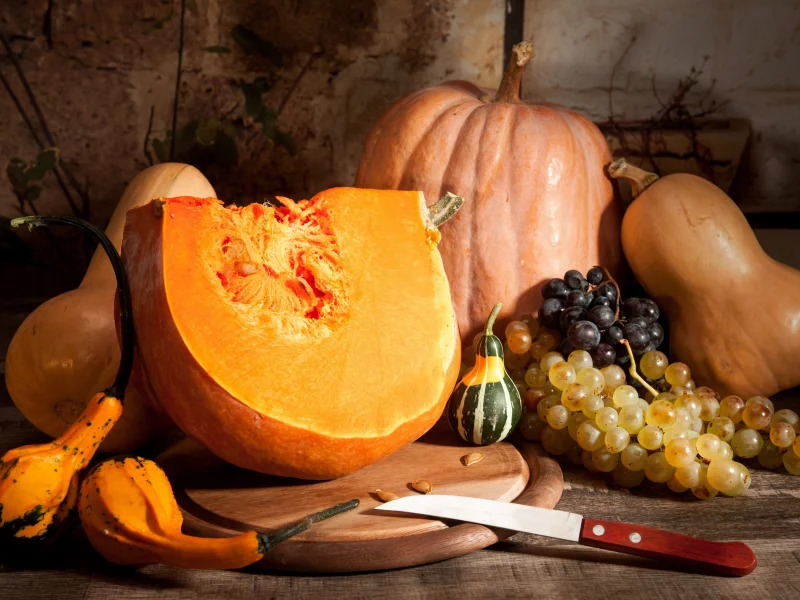 autumn, harvest, still life, fruits, pumpkin, осень, листья, урожай, тыква, виноград