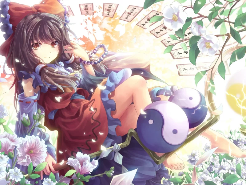 mikkii, девушка, цветы, символ, touhou , hakurei reimu, ин-янь, арт