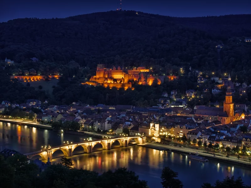 Germany, City, Nature, Castle, River, Night, Lights