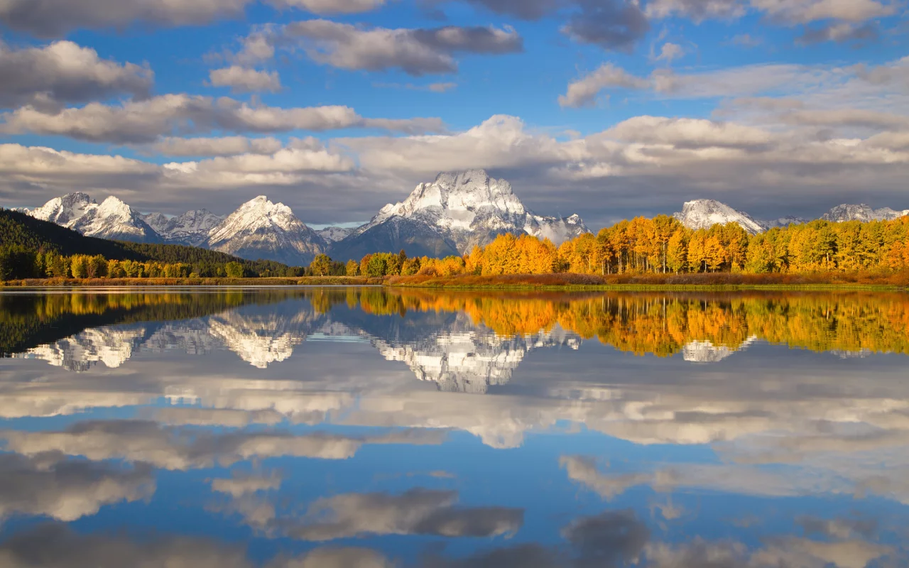 Grand Teton National Park, Вайоминг, США, горы, снег, облака, деревья, озеро, осень