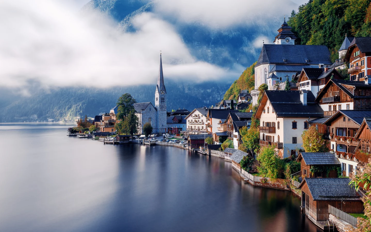Hallstatt, Austria, Alps, Гальштат, Австрия, озеро, Альпы, горы, дома, леса, облака