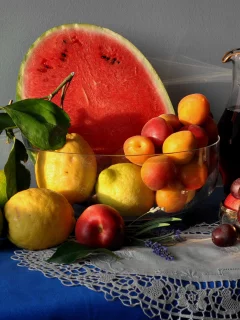 натюрморт, стол, кувшин, арбуз, лимон