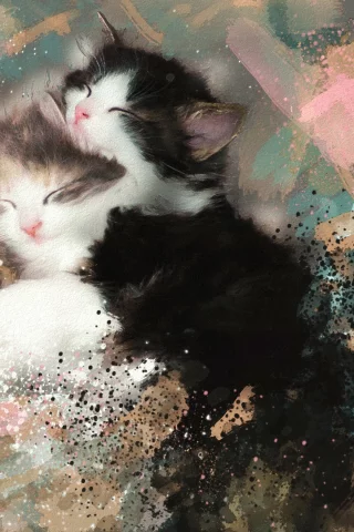 котята, спят, пушистые, черно-белые, картина, акварель, мазки