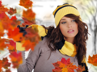 девушка, листья, шарф, осень