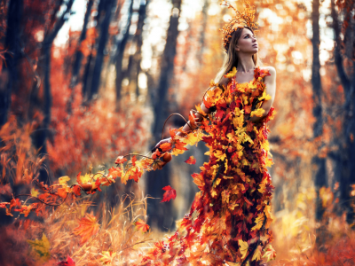 девушка, осень, листья