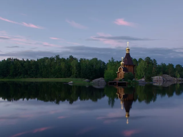 лето, вуокса, храм, вечер, заря, закат